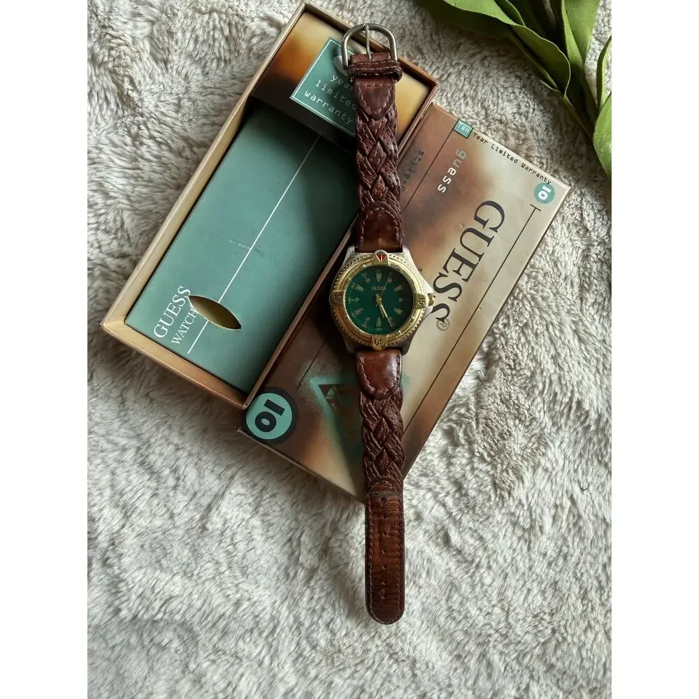Vintage Guess Quartz Green Face Watch Braided Leather Band In Box